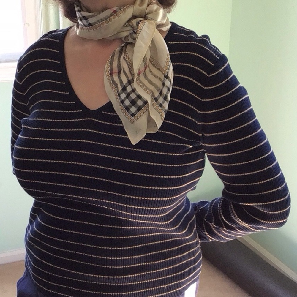 Jones New York navy blue with gold shimmer stripes cotton sweater.